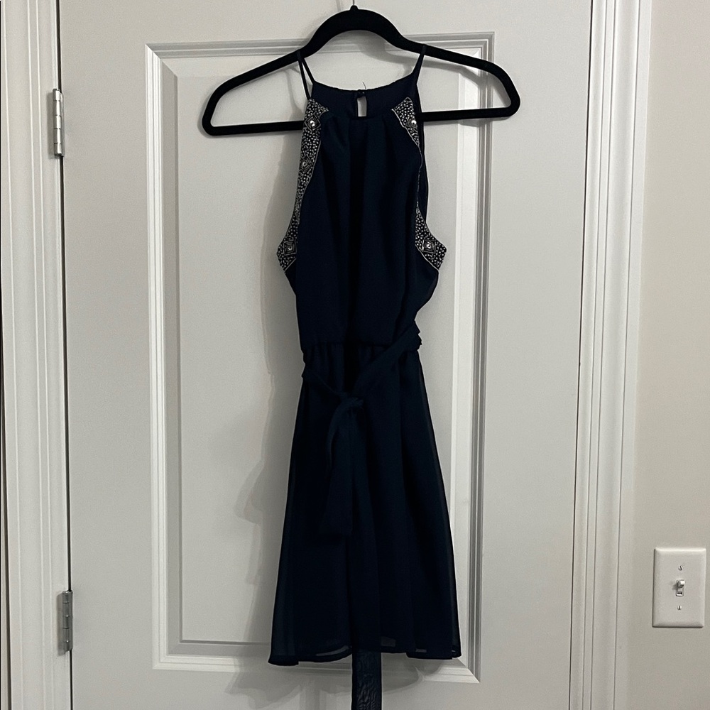 Teeze Me Navy Blue Backless Dress with Silver Accents